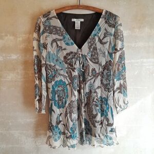 181a. cream brown & blue Nine West 100% silk floral paisley blouse, 10